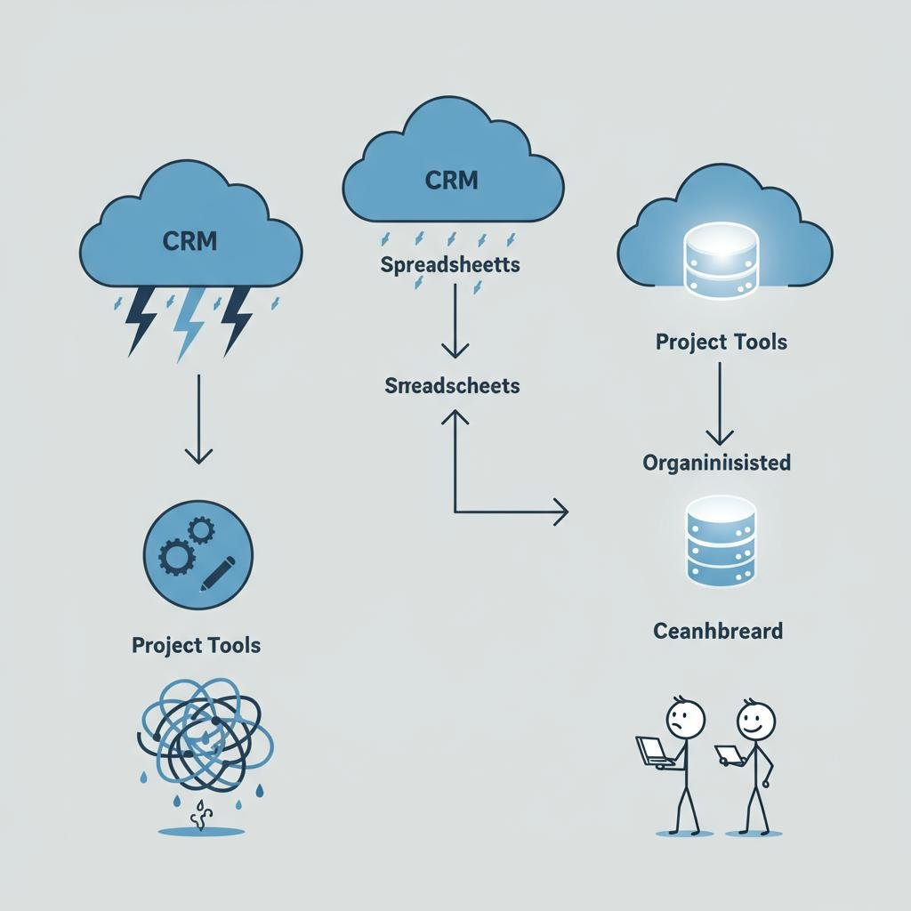 An infographic illustrating the problem of data silos, with disconnected software clouds, versus a unified system with a central database providing clarity.