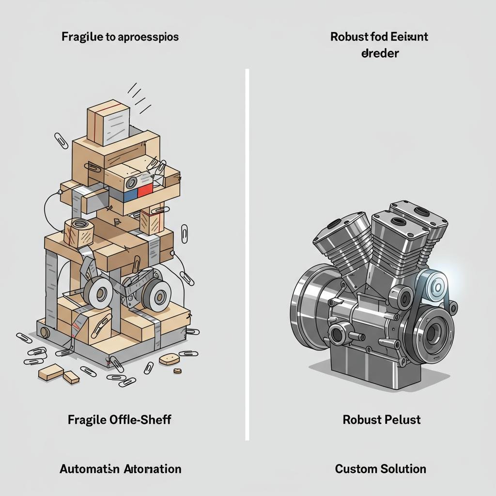 A visual comparison between fragile, off-the-shelf automation (a Rube Goldberg machine) and a robust custom solution (a solid engine block).