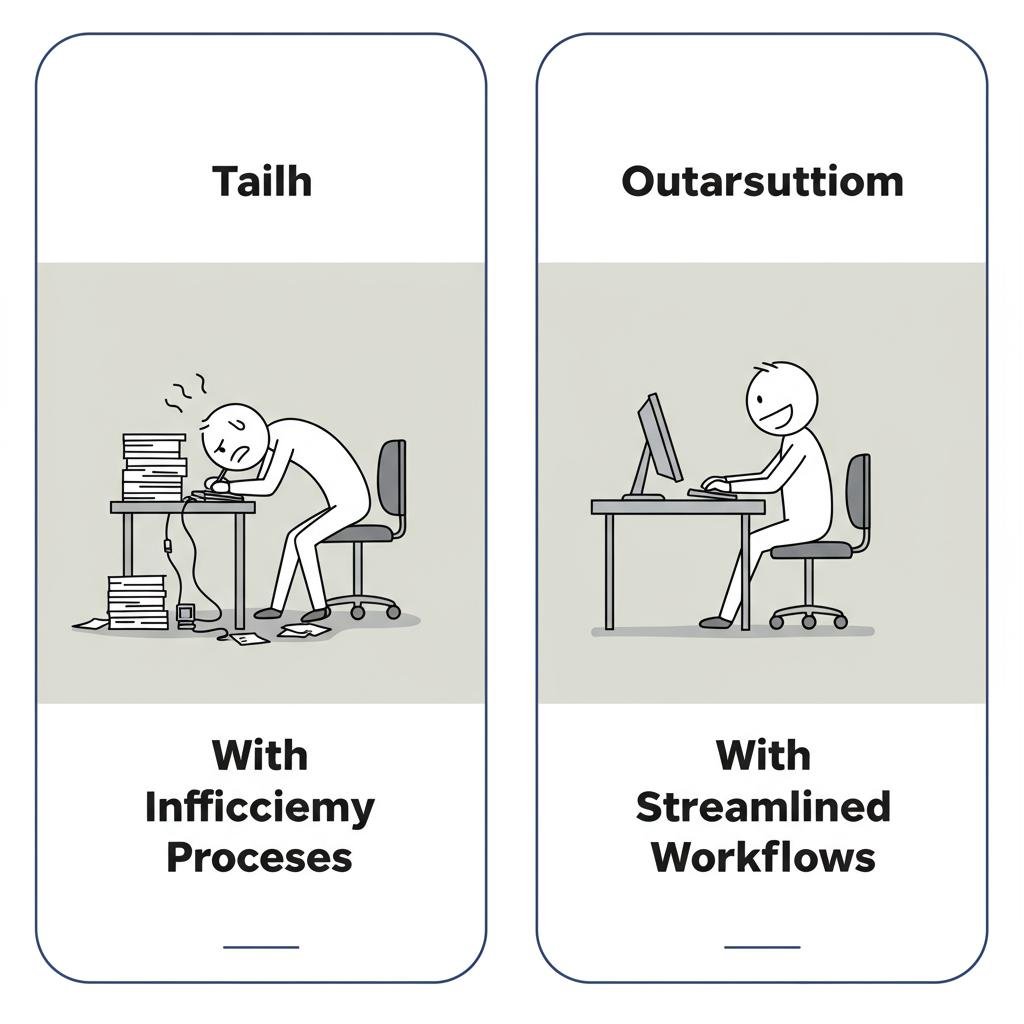 A two-panel illustration showing a frustrated employee at a messy desk versus a happy, productive employee at a clean desk, highlighting the impact of streamlined workflows on morale.