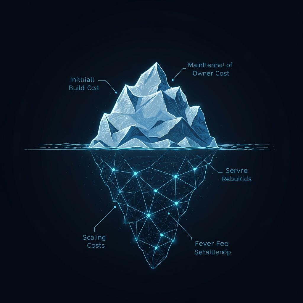 An iceberg diagram illustrating the hidden costs of software's Total Cost of Ownership compared to the small visible initial cost.