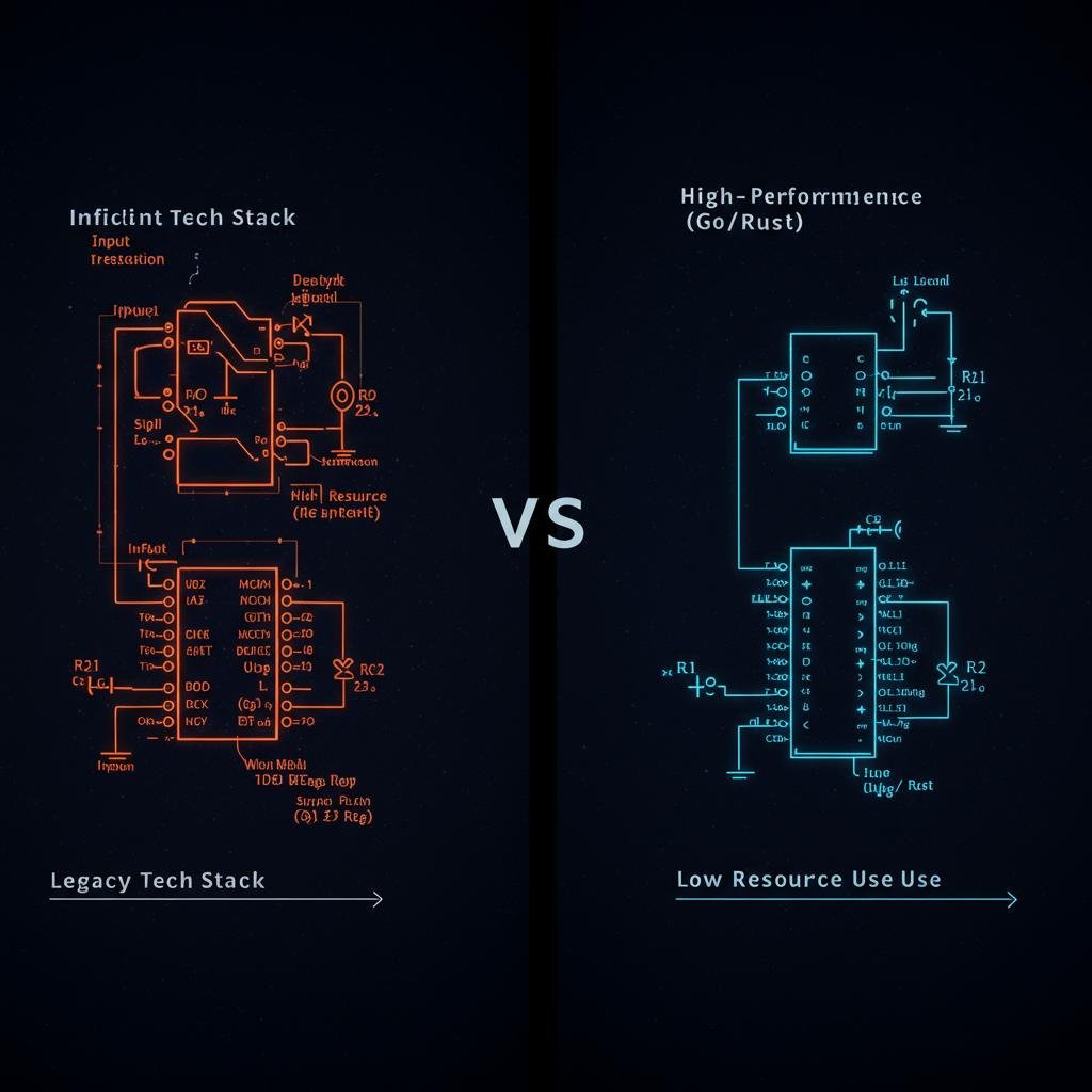 A schematic comparing an inefficient engine to a high-performance engine, symbolizing the lower resource cost of technologies like Go and Rust.