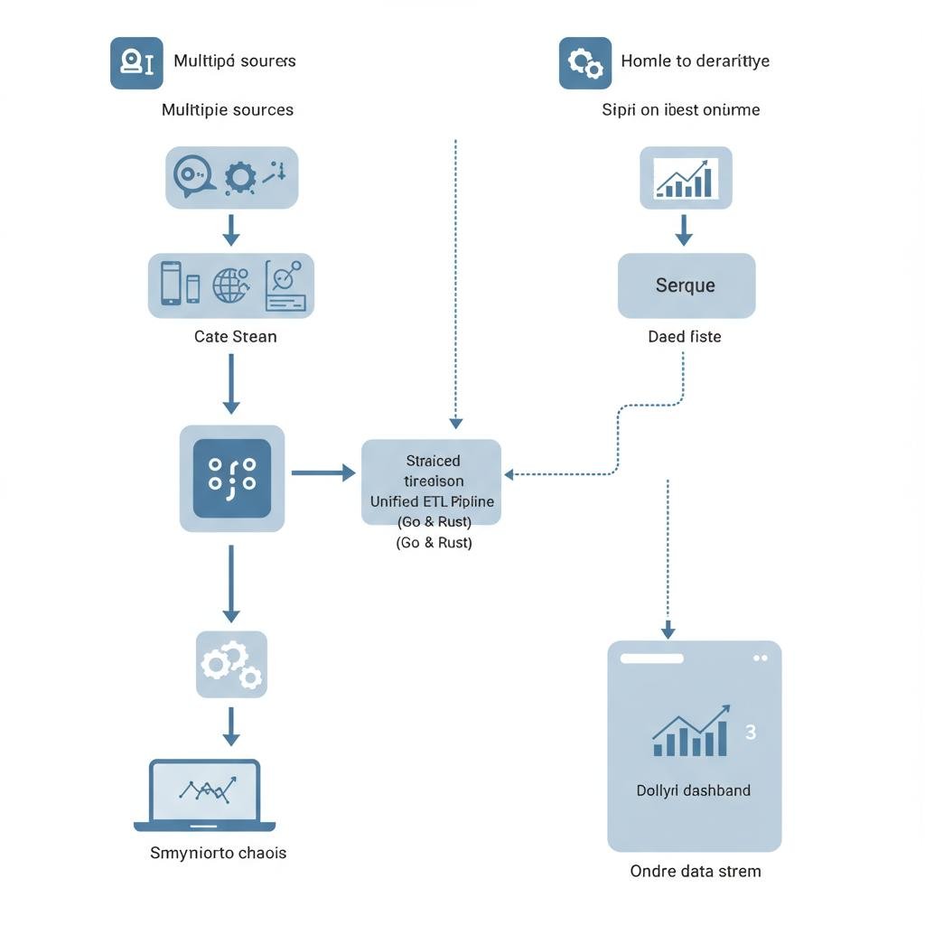 A streamlined diagram showing multiple data sources being unified by a central ETL pipeline, resulting in a clean dashboard with actionable insights.