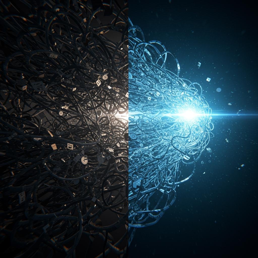 Abstract visualization contrasting tangled, costly data silos with a clear, unified data stream, symbolizing the efficiency gained from a single source of truth.