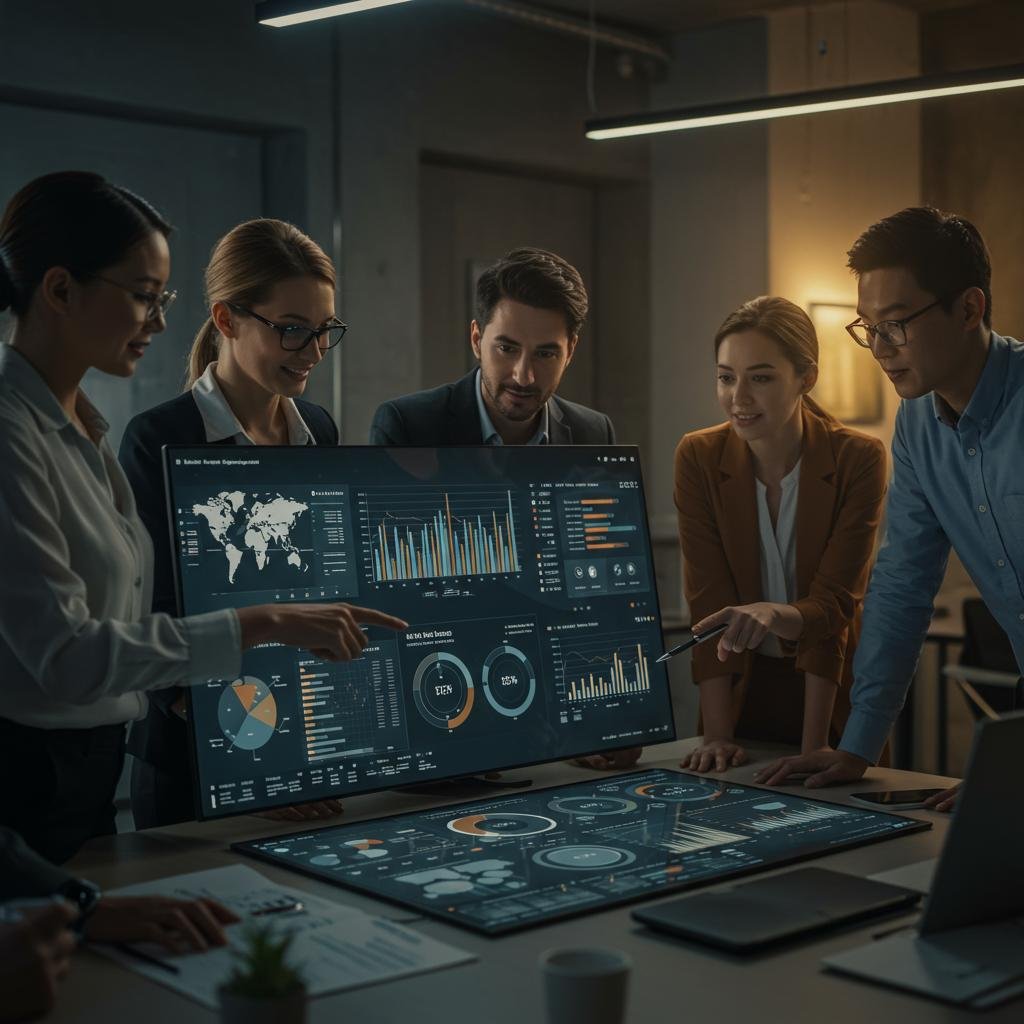 Diverse business team collaborating effectively using a custom business dashboard, illustrating data-driven decision-making and competitive advantage.