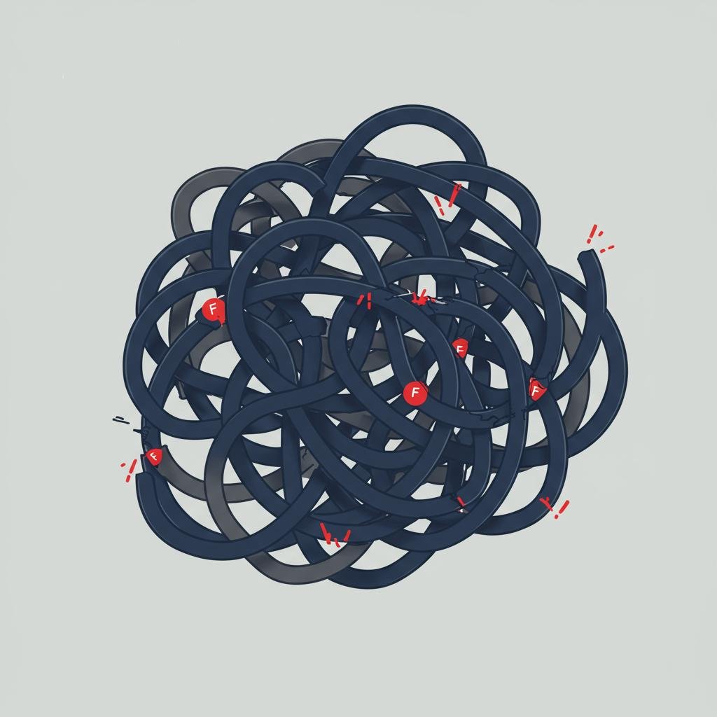A tangled web of digital connections with several broken links, symbolizing the fragile and brittle nature of task-based automations.