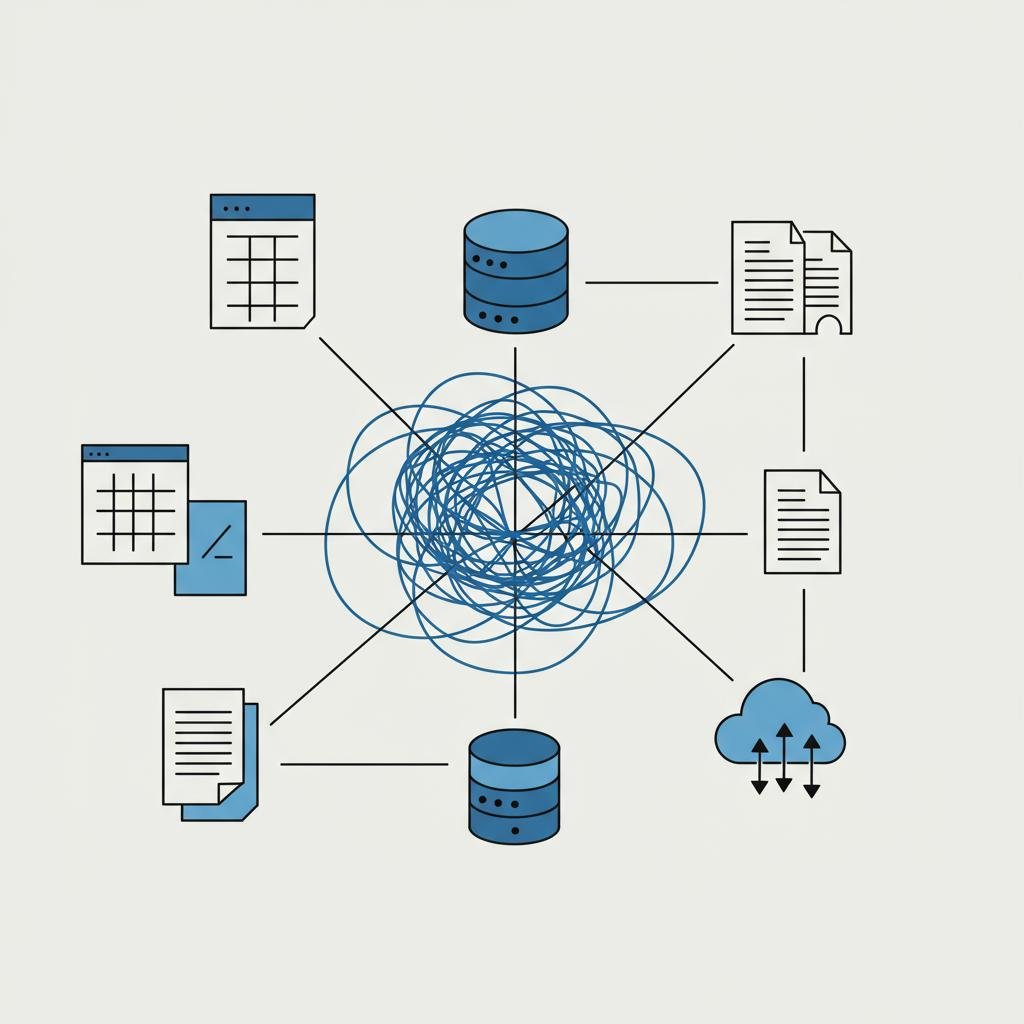 Diagram showing disconnected and siloed business data sources, like spreadsheets and cloud documents, representing data chaos.