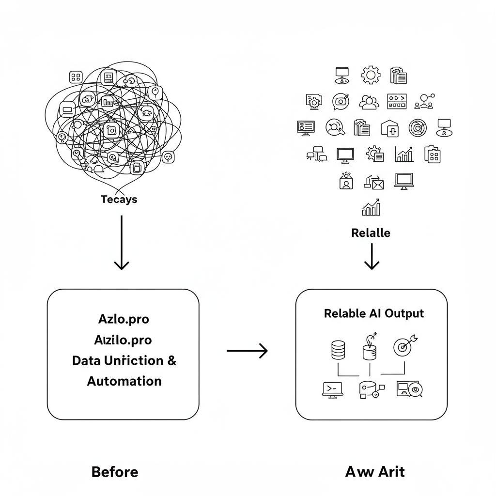 Diagram showing Azlo.pro's data unification process taking chaotic data and organizing it into a single source of truth for reliable AI.