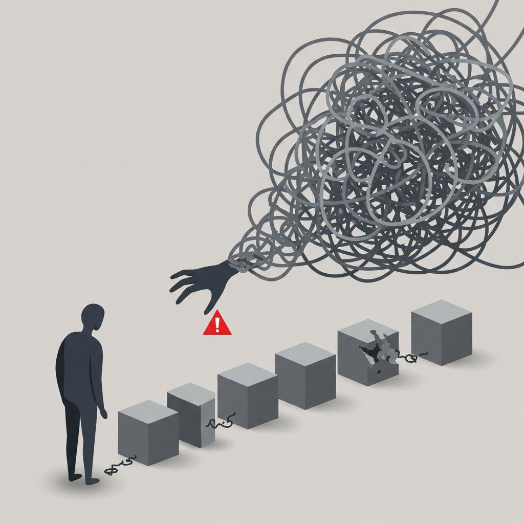 An illustration of a frustrated person trying to manually connect different data silos, represented by a tangled mess of lines.