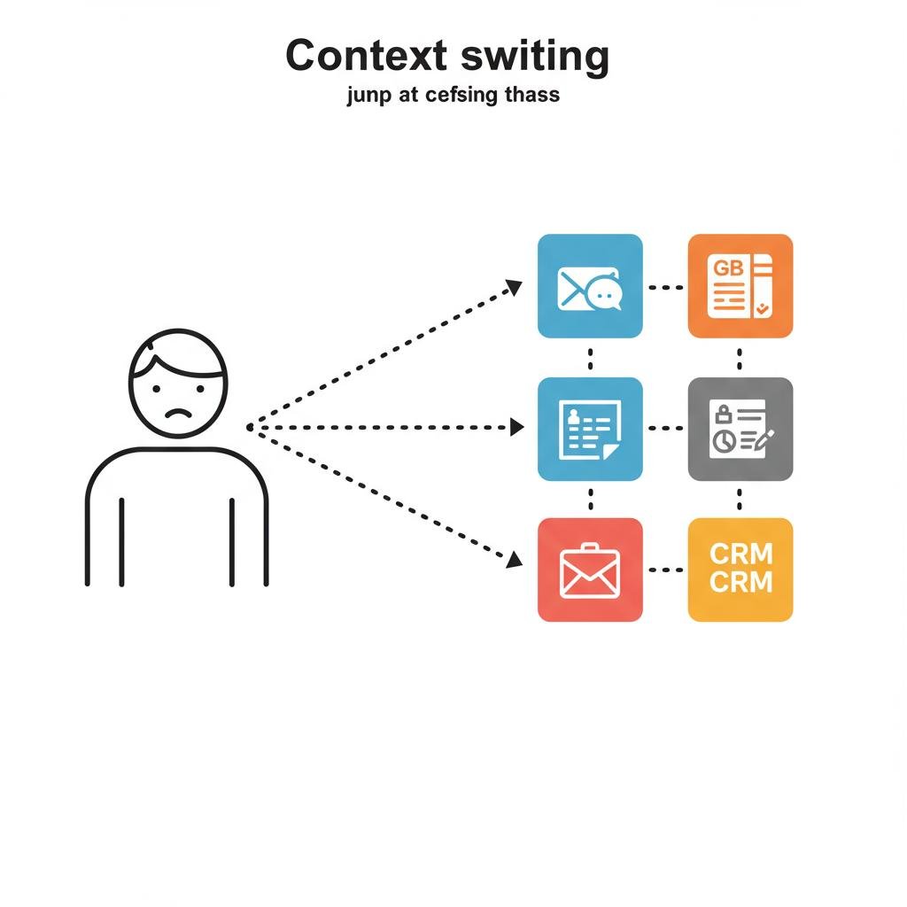 Diagram showing a frustrated business professional juggling multiple disconnected software interfaces, illustrating the concept of context switching and lost productivity.