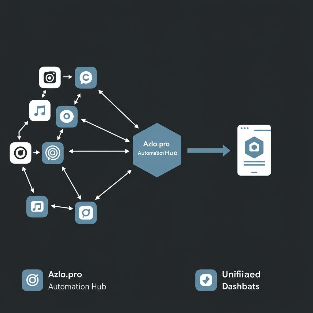 A clean diagram showing multiple application icons smoothly feeding data into a central automation hub, which outputs a unified dashboard, symbolizing an integrated workflow solution.