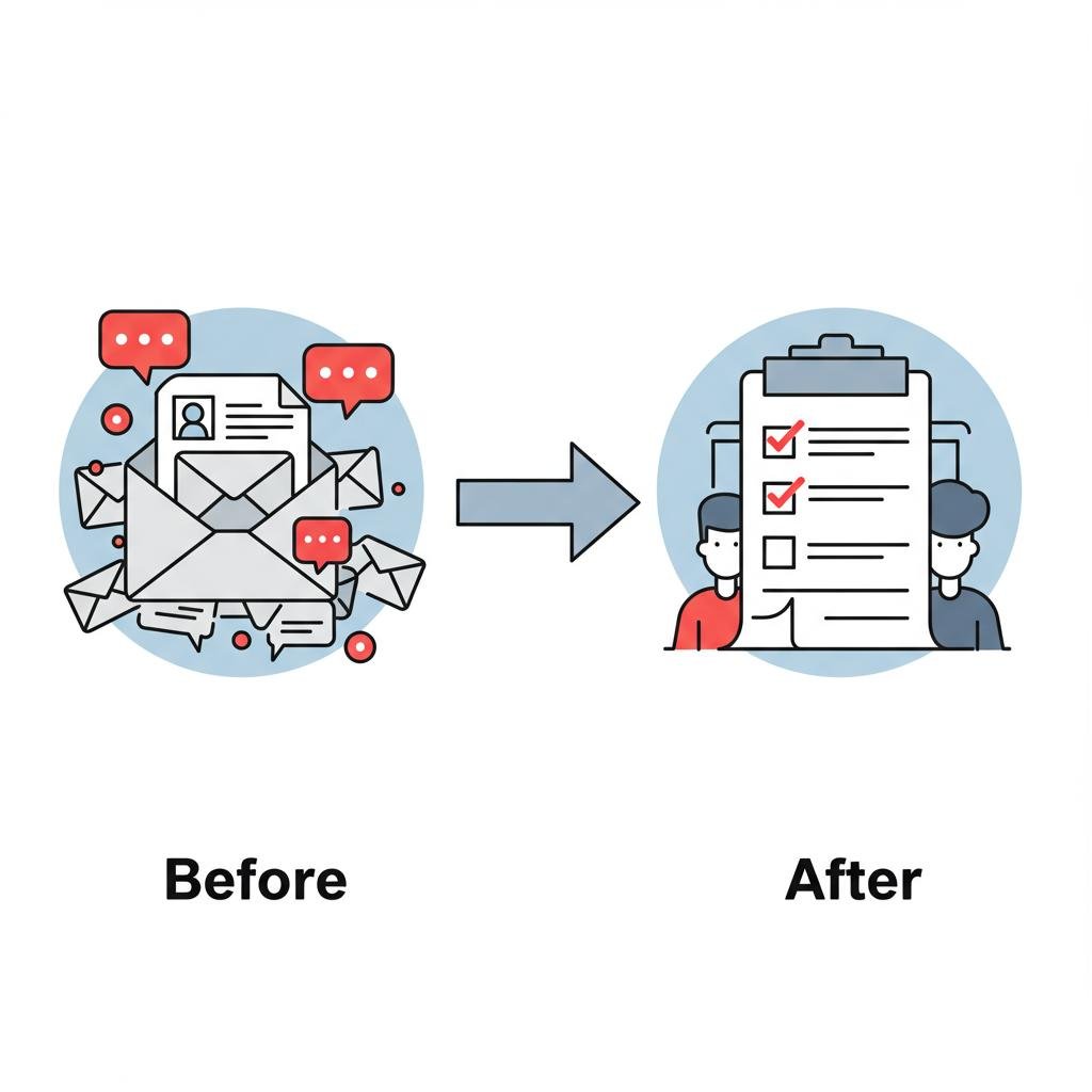 A before-and-after graphic showing a chaotic email inbox being transformed into an organized task list by an Azlo.pro AI co-worker.