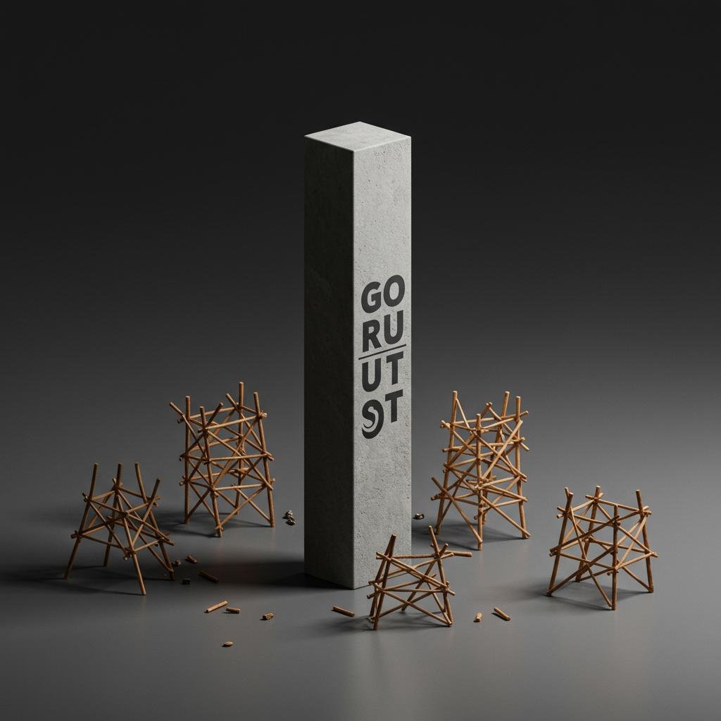 An illustration of a solid, robust column representing Azlo.pro's reliable backend, contrasting with fragile structures that symbolize temporary or weak automation solutions.