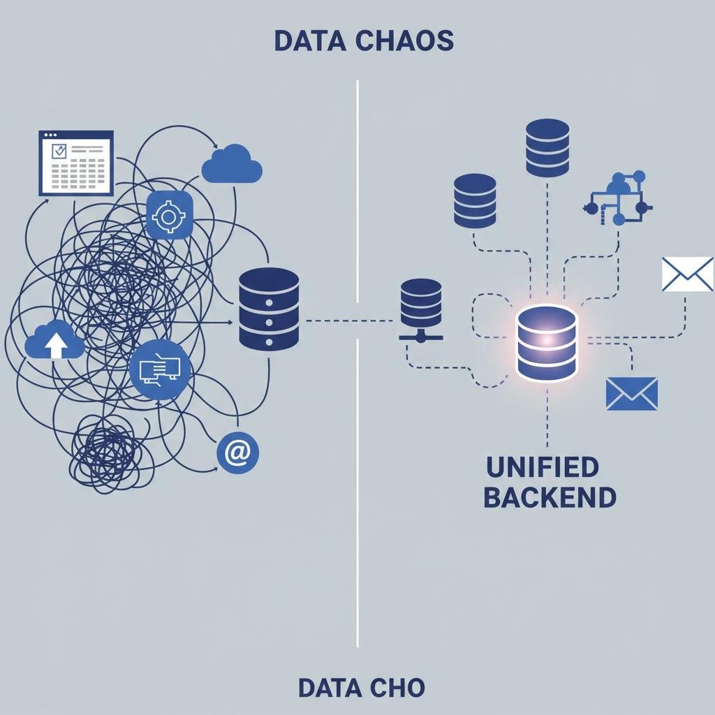 A diagram illustrating data chaos with siloed information sources versus a clean, unified data system.