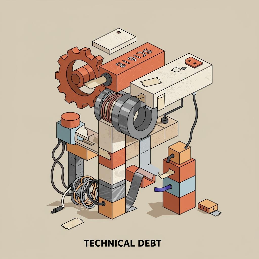 A complex, fragile machine built from mismatched parts, symbolizing the technical debt from temporary fixes in a business process.
