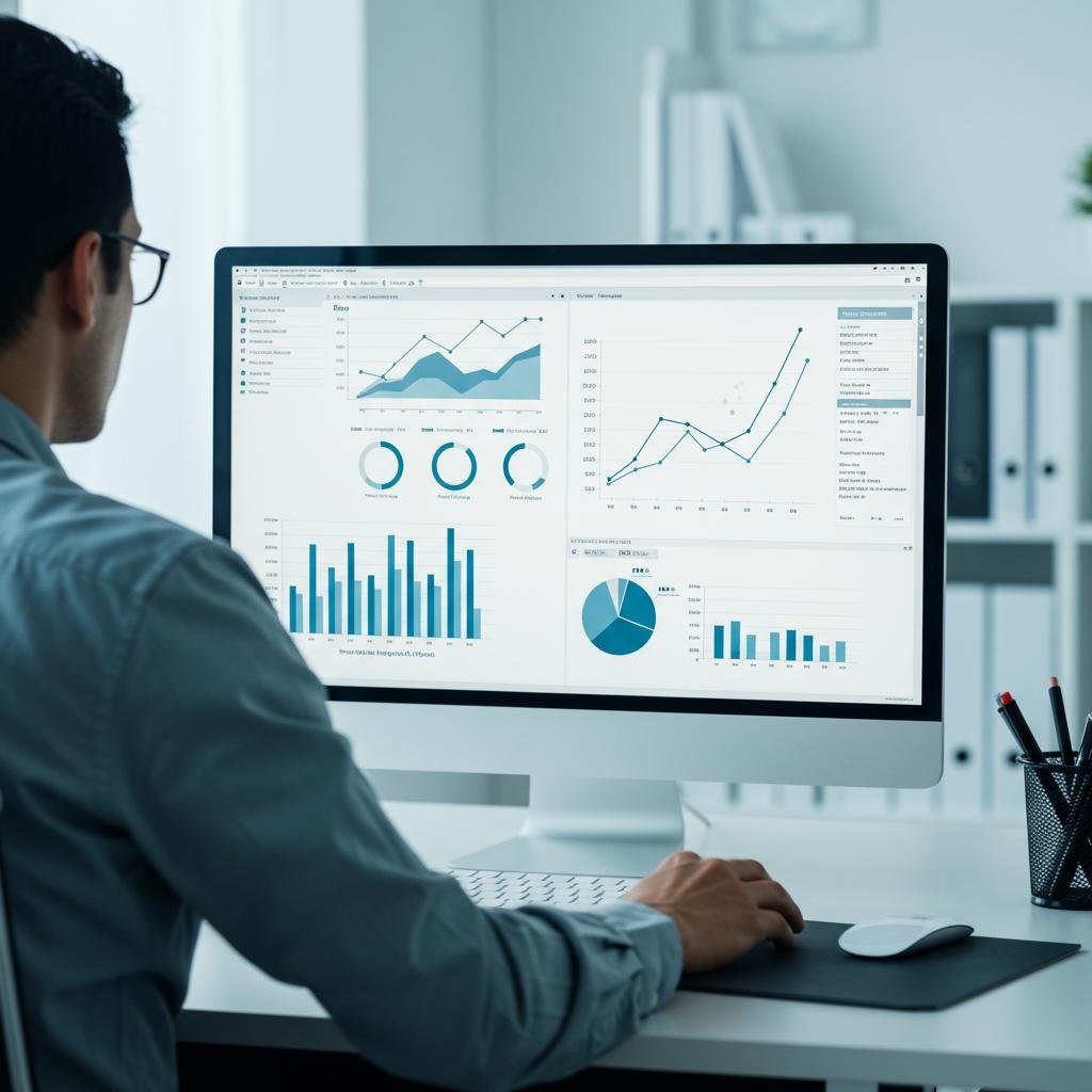 A calm and successful business manager reviewing a clean, modern dashboard with growth charts, symbolizing the control and success achieved through automation.