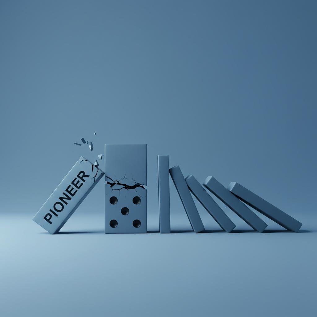 A cracked domino representing a first-mover company falling, symbolizing how their failure created an opportunity for more stable successors.