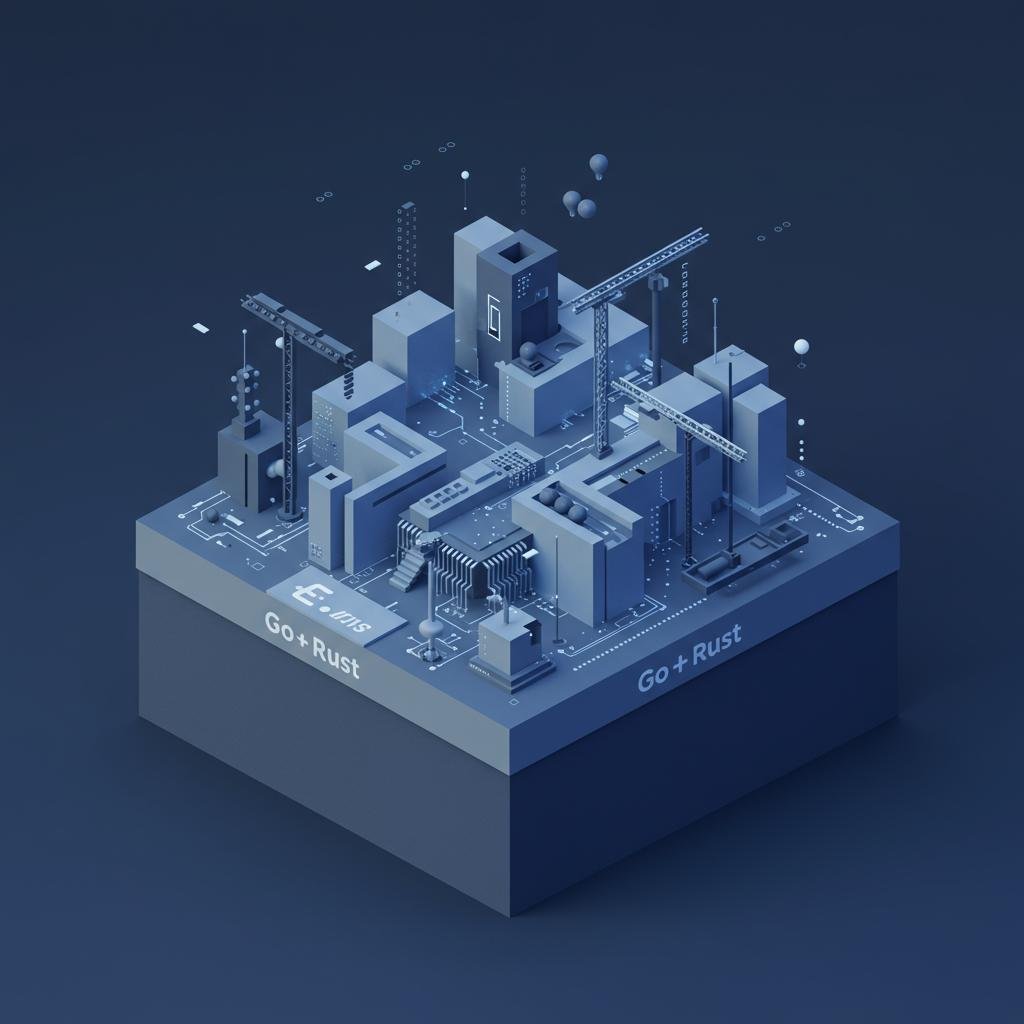 An illustration showing a solid foundation labeled 'Go + Rust' supporting a complex and robust digital system, representing Azlo.pro's robust development philosophy.