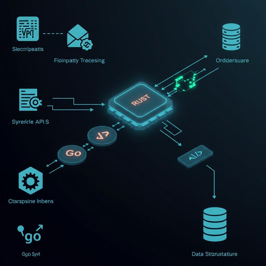 A diagram of an efficient ETL pipeline using Go and Rust, demonstrating how Azlo.pro automates data flow from various sources into a structured database.