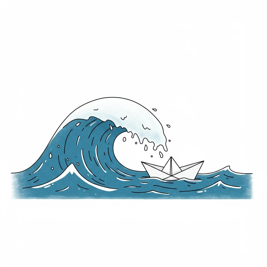 A paper boat being overwhelmed by a large wave, symbolizing a system that cannot scale to meet user demand.