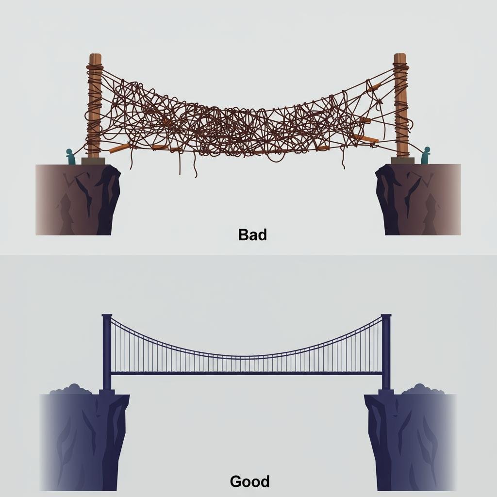 A visual metaphor comparing a poorly designed API (a tangled, unsafe rope bridge) to a well-designed API (a modern, solid bridge).
