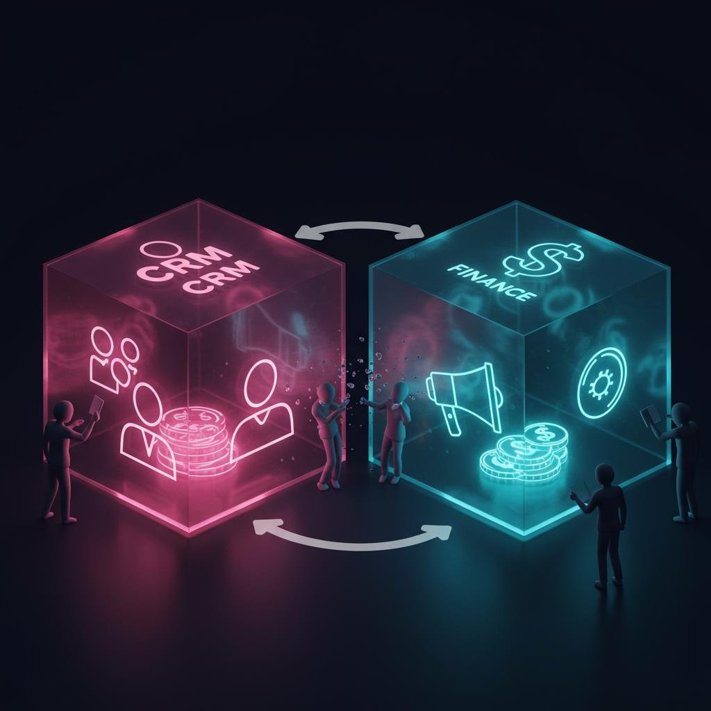 Three isolated glass cubes representing data silos in CRM, finance, and marketing, with people unable to connect them.