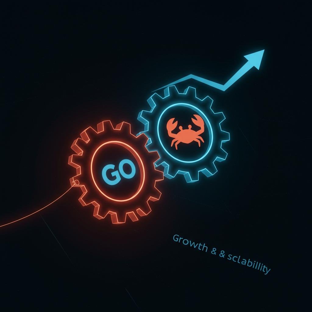 Illustration of Go and Rust programming language logos as interlocking gears, powering business growth and scalability, representing the Azlo.pro solution to the 'Lag Tax'.