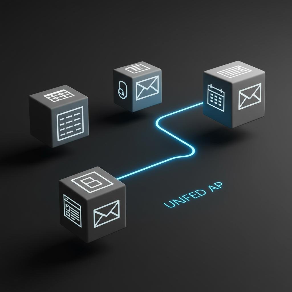 Disconnected software data blocks being elegantly connected by a central API, symbolizing data unification and solving integration problems.