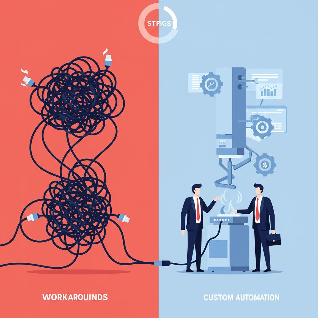 A before-and-after comparison showing a person tangled in inefficient workarounds versus being empowered by custom automation.