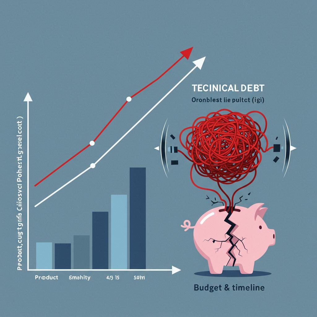 A conceptual illustration showing how rising product complexity creates a tangled ball of technical debt that breaks the project's budget and timeline.