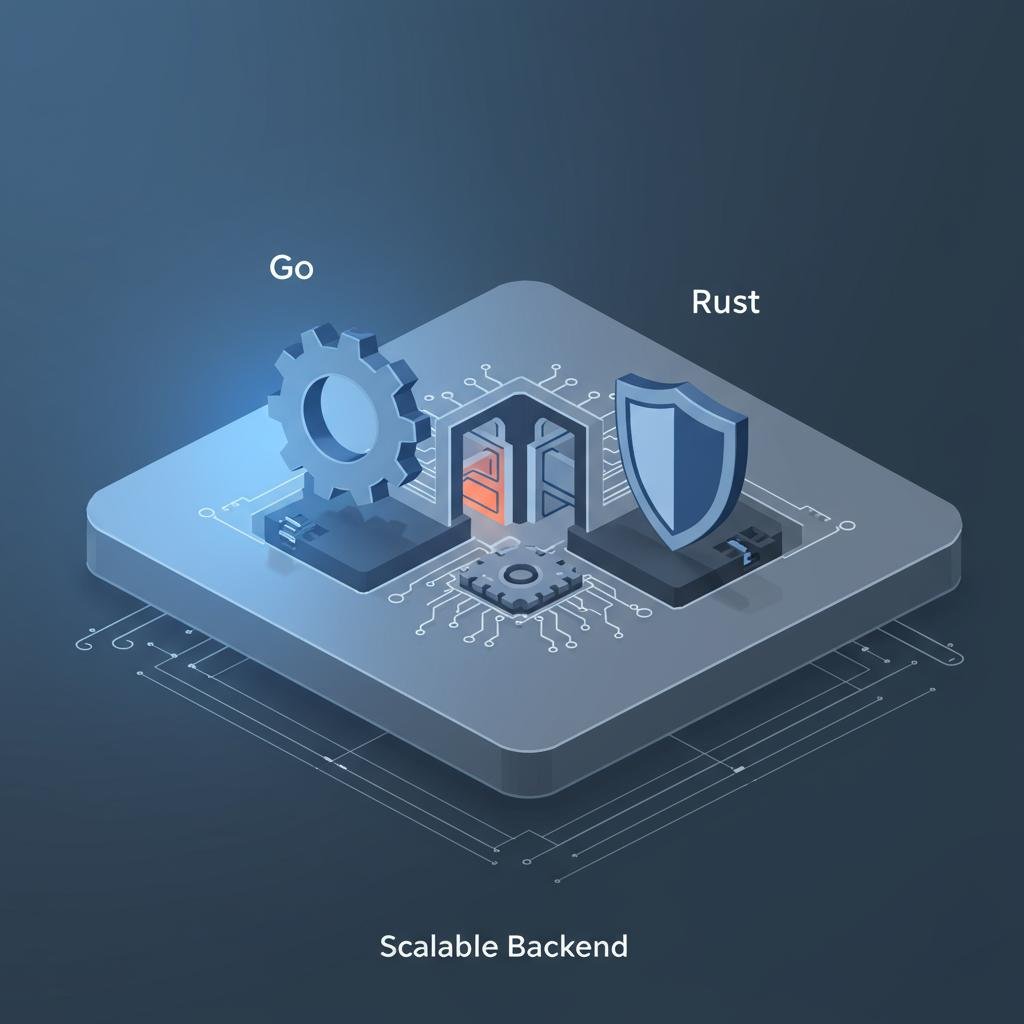 Illustration of 'Go' and 'Rust' icons as core components in a 'Scalable Backend' blueprint, symbolizing a strong and reliable technical foundation.