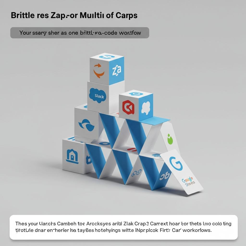 A fragile house of cards made of app logos, symbolizing the brittle nature of complex, multi-step Zapier workflows.