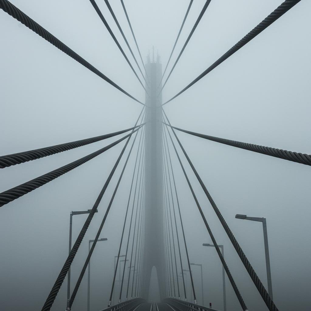A strong suspension bridge standing firm in the fog, a metaphor for resilient software architecture that is built to withstand real-world stress and failure.
