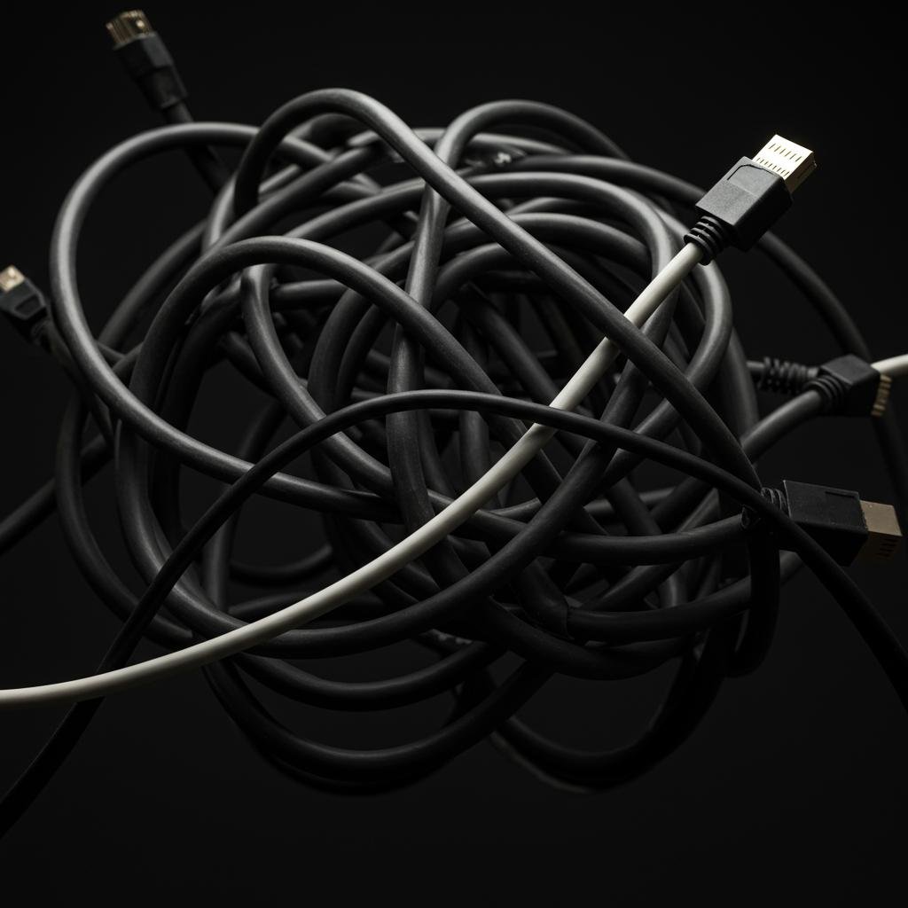 A tangled mess of old computer wires, representing the complexity and cost of technical debt.