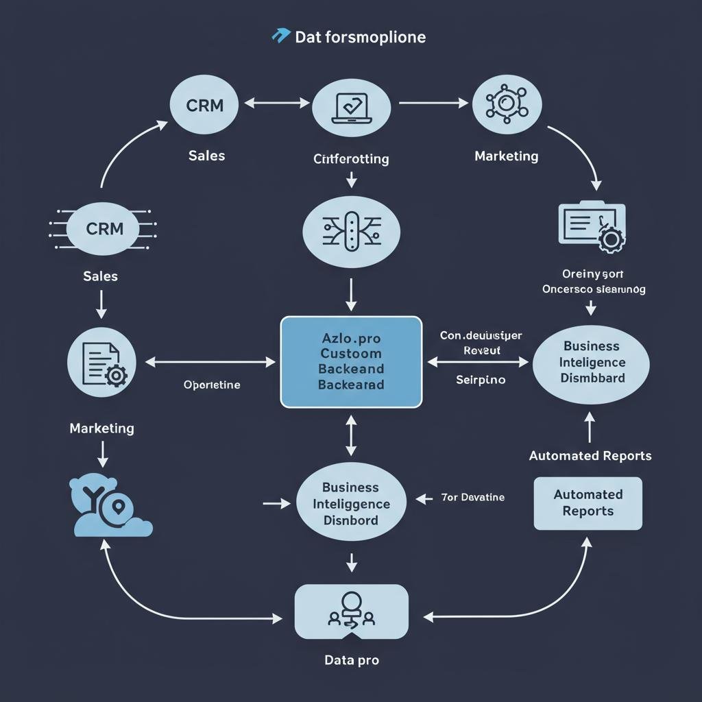 A diagram showing a streamlined data pipeline built by Azlo.pro, consolidating data from multiple sources into a central backend for business intelligence and automation.