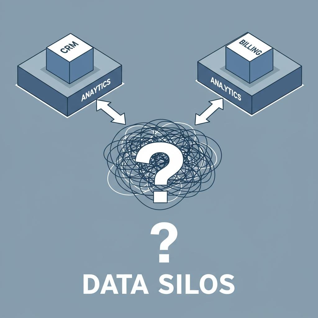 An illustration of data silos where disconnected data sources like CRM and billing lead to confusion and inefficient data management in a startup.
