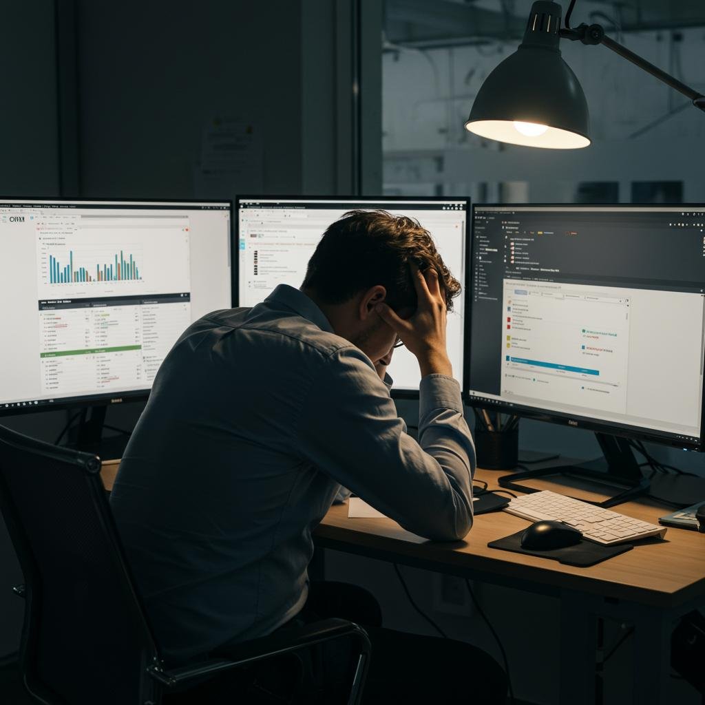 A manager looking stressed while trying to reconcile data from three different software applications on their screens, illustrating the pain of data silos.