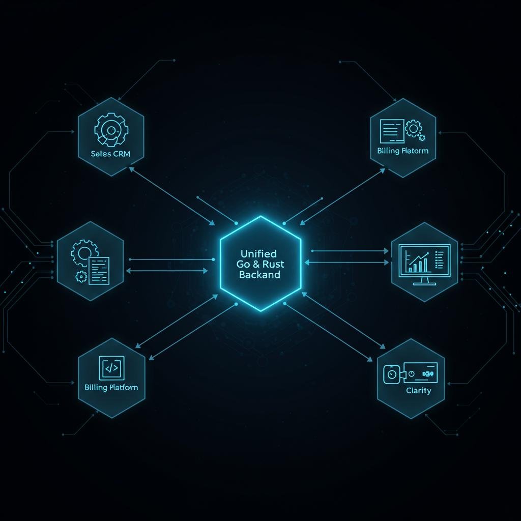 A diagram illustrating how disparate data sources are unified into a central backend built with Go and Rust, resulting in a single, clear business dashboard.