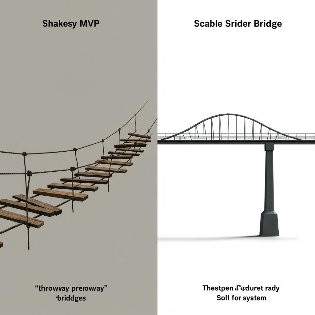A comparison showing a fragile, temporary bridge versus a solid, permanent bridge, symbolizing the choice between a throwaway MVP and a scalable one.