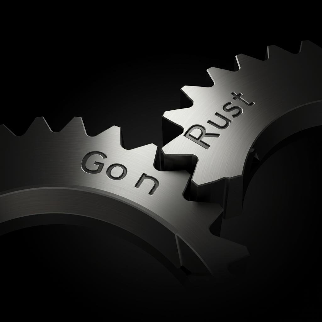 Two interlocking metal gears, representing the power and efficiency of Go and Rust for building high-performance backends.