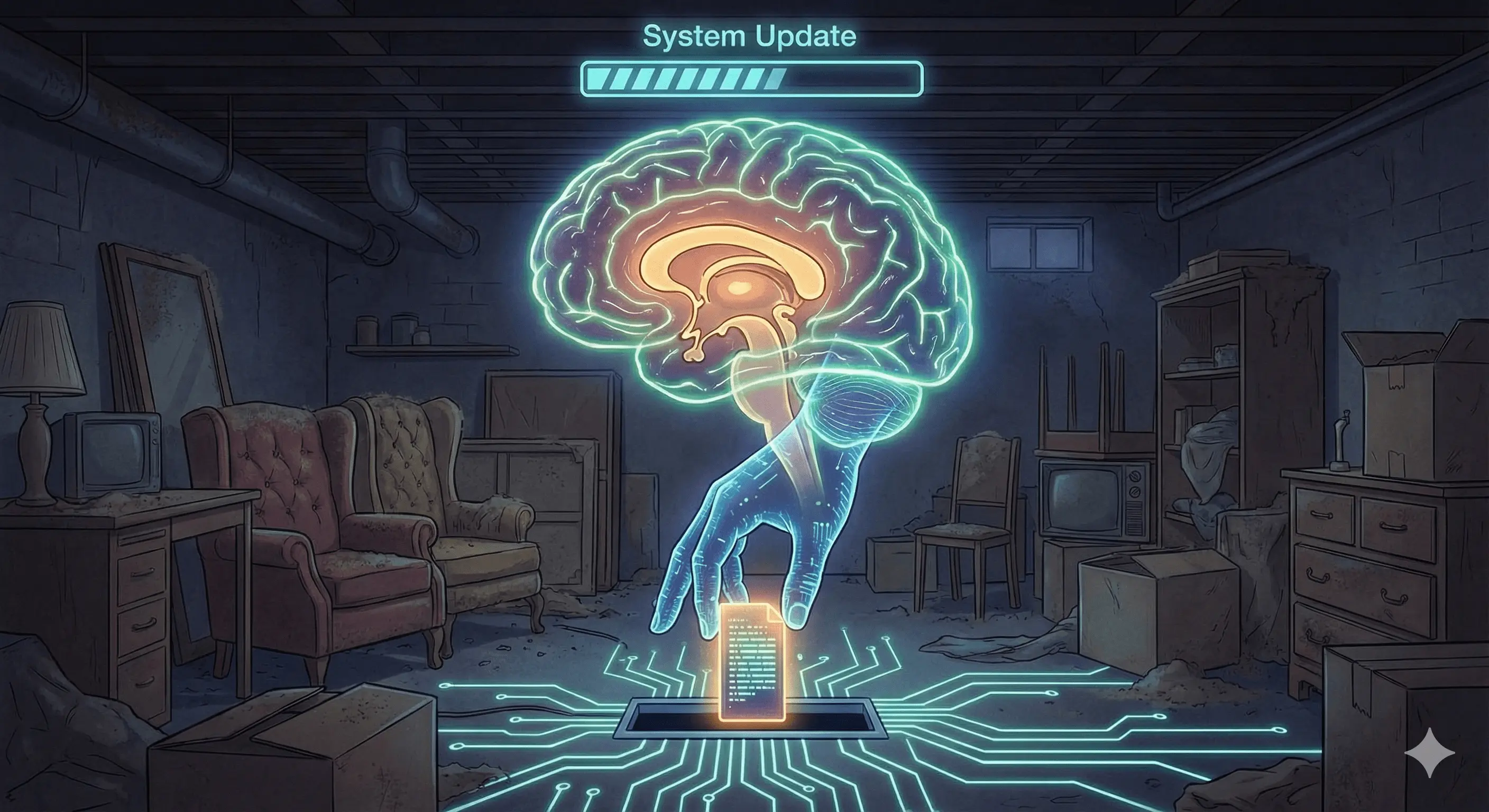 A dark basement representing the subconscious mind filled with old files